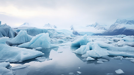 thousands of ice floes float on the water, creating a serene and atmospheric perspective. captured with a zeiss ikon zm camera, the image showcases soft pastel skies and a cold, detached atmosphere. the sculpted and iconic ice formations add to the overall beauty of the scene. ai generatedの素材