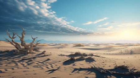 a national geographic photo showcasing a desert landscape with dead grass and trees, reminiscent of the style seen in unreal engine 5. the image captures the contrast between the lifeless vegetation and the vibrant coastal landscapes. with a soft and dreamy depiction, the sky-blue and beige colors create an atmospheric ambiance. this captivating scene is reminiscent of daz3d renders. ai generatedの素材