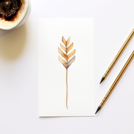 a white art print on kraft paper featuring a pair of golden pencils. the print showcases delicate watercolor style with minimalistic symmetry, using dark navy and dark bronze hues. captured with a minolta riva mini, the vibrant watercolor design incorporates leaf patterns and a soft-focus technique. ai generatedの素材
