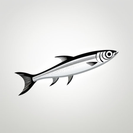 a black and white fish is depicted in this high-quality stock vector. the fish is set against a white background, creating a minimalist aesthetic. the design incorporates light sky-blue and dark silver tones, with minimal retouching. the photo showcases a blend of light orange and silver hues, inspired by the styles of toyo ito, yankeecore, and sanriocore. ai generatedの素材