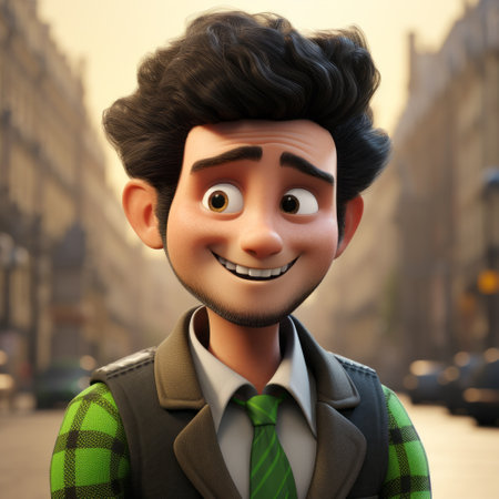 a hyper-realistic 3d image of a logan in a plaid vest and tie, wearing a beret, with big bright green eyes, ultra-realistic fluffy black hair, and a delicate bright smile. rendered using octane technology, the image showcases vibrant colors and a light pure color background in 8k hd resolution. perfect for trending on artstation. ai generatedの素材