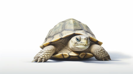 a tortoise gazes upwards in this hyperrealistic illustration captured with a graflex speed graphic camera. this national geographic photo showcases the tortoise's ivory-colored shell, while the punctuated caricature style adds a unique touch. the matte finish of the photo enhances the realistic still-life quality of the image. ai generatedの素材