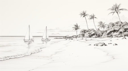 a black and white drawing of a pristine white sandy beach with children happily playing and running around. in the distance, two small sailboats sail along the vast ocean. two seagulls gracefully soar through the sky above. a coconut tree grows on the beach, with scattered seashells and shellfish. ai generatedの素材