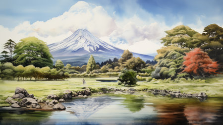 a breathtaking landscape painting capturing the beauty of nature. this artwork features a serene scene with water, rocks, and mountains, reminiscent of the style of naoko takeuchi. rendered with incredible realism by chris riddell, the 32k uhd resolution brings out every intricate detail. the use of fujifilm velvia enhances the vibrant colors, while the concept of kintsukuroi adds a touch of elegance. created by theの素材