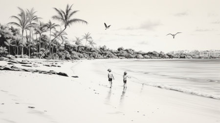 a black and white drawing of a pristine white sandy beach with children playing and running around. in the distance, two small sailboats sail along the vast ocean. two seagulls gracefully soar through the sky above. a coconut tree grows on the beach, with scattered seashells and shellfish. ai generatedの素材