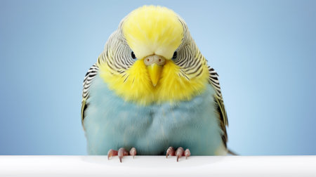 a green and yellow parakeet perches on a piece of silverware, showcasing the distinct style of the dusseldorf school of photography. the composition features a delicate blend of light sky-blue and light pink hues, with intricate layering and blink-and-you-miss-it details. the parakeet's strong facial expression adds to the overall impact, while the yellow and white color palette complements the animal motifs. ai generatedの素材