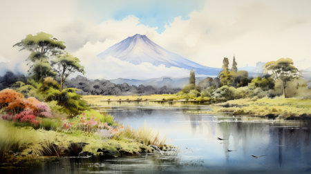 a watercolor painting of a landscape featuring mount fuji by a river. this artwork captures the beauty of australian landscapes with delicately rendered details in the style of 8k resolution. the artist, shuzo oshimi, skillfully portrays the high level of detail, including the stunning reflections. sana takeda's influence can be seen in the intricate brushwork. ai generatedの素材
