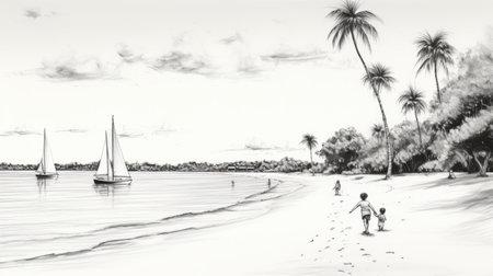 a black and white drawing of a serene beach scene with a child playing on the white sandy beach, sailboats sailing in the distance, seagulls soaring above, a coconut tree, and scattered seashells and shellfish. ai generatedの素材