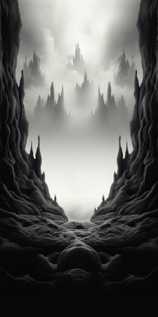 a cave stands prominently amidst a breathtaking landscape adorned with majestic mountains and imposing cliffs. this captivating scene, reminiscent of anton semenov's interstellar comic book art, is rendered in a striking dark black and white style. the intricate details, akin to the works of craig davison and eiko ojala, showcase silhouettes in space, creating a hyper-detailed visual masterpiece. ai generatedの素材