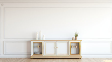 a wall hanging wooden cabinet with a vase inside is showcased in a white bedroom interior room with 3d wallpaper. the room is designed in a classicist style, featuring light gray and gold accents. the cabinet has a clear edge definition and is adorned with vignettes of paris. the overall aesthetic is contemporary, with glass elements and a light white and gold color scheme, creatingの素材