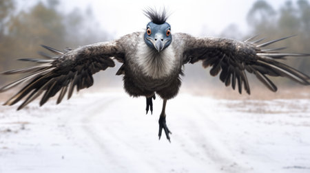 a vulture soars gracefully through the sky above a road, captured in a captivating photograph. the image showcases a unique blend of gray and blue tones, reminiscent of emotionally charged portraits. the vulture's shiny eyes and frozen movement add intrigue to the scene, while the influence of the dusseldorf school of photography is evident. this quirky, dinopunk-inspired image features cartoonish characters that add a touchの素材