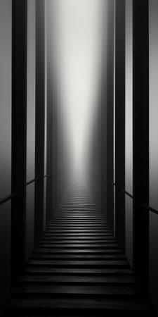 a fog bridge stretches towards a captivating light in this free photo. rendered in cinema4d, the image showcases a hall of mirrors with black paintings, exuding a minimalist purity. the elongated and dramatic composition creates a multilayered effect, emphasizing the depth of layers within the scene. ai generatedの素材