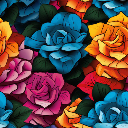colorful roses and leaves, isolated for pattern or wallpaper, in the style of chicano art. this free vector image features a mosaic-inspired realism, with vibrant colors including dark amber and sky-blue. perfect for creating bright backgrounds with a touch of colorful realism. the resolution of the image is 3840x2160. ai generatedの素材