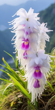 a blooming cat-faced orchid on the cliffs of the 100,000-strong mountain in guangxi. the white petals of the orchid are fluffy and realistic, standing out against the bright background. captured through macro photography with a lycra lens, the image showcases the vibrant and bright flowers with a large depth of field. ai generatedの素材