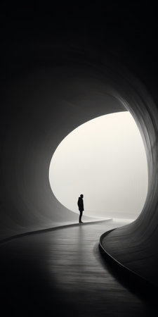a man stands in a large glass tunnel, surrounded by abstract minimalist forms. the monochromatic masterpieces create an ethereal atmosphere, with misty surroundings and smooth, elongated curves. the light white and light black hues enhance the overall aesthetic of the scene. ai generatedの素材