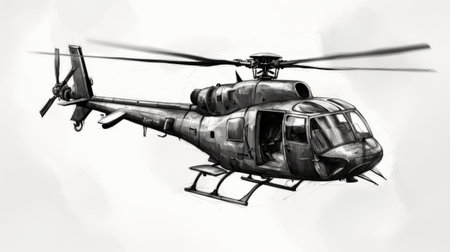 a black and white digital painting of a helicopter in mid-air. this hyper-realistic 32k uhd image showcases brushwork exploration and realistic watercolor effects. the style combines elements of comic art and realistic renderings of the human form, resulting in a captivating and visually stunning piece. ai generatedの素材
