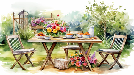 a vibrant watercolor painting capturing a table setting adorned with coffee, flowers, jars, and plates. the artwork is reminiscent of lush landscape backgrounds, showcasing a celebration of rural life. this uhd image showcases lively tableaus in the style of cabincore, inspired by artists like mandy disher and jean restout the younger. ai generatedの素材