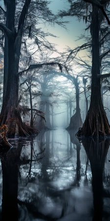 the swamp in the forest along the riverbank, with barren branches reaching towards the sky, is captured in this captivating photo. the eerie beauty of the scene is enhanced by the mystical embrace of morning fog. taken with a professional-grade camera and wide-angle lens, the haunting allure of the swamp is showcased. ai generatedの素材