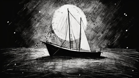 a black and white drawing of a sailboat in the night, showcasing the digital neo-expressionism style. this rustic scene captures the essence of a romantic illustration, reminiscent of the american studio craft movement and gothic illustration. the artist's skillful portrayal of the sea and coast adds depth to the mottled ambiance. ai generatedの素材