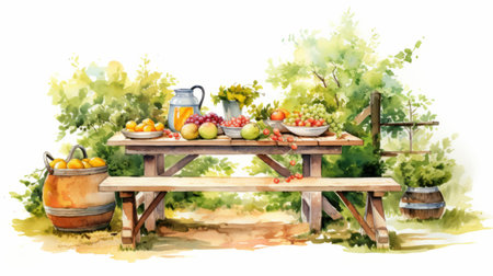 a watercolor illustration of a table adorned with various fruits, showcasing the villagecore style. this outdoor artwork captures the essence of large-scale murals and exudes a storybook-like charm. created using a fujifilm gw690iii camera, the illustration features heavy shading and a strikingly honest portrayal. ai generatedの素材