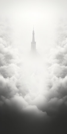 a small statue in the clouds stands beneath a towering bell tower, showcasing the pensive surrealism style. this monochromatic artwork, reminiscent of children's book illustrations, was beautifully rendered in cinema4d. the poignant portrait captures intricate black and white details, all in stunning 8k resolution. ai generatedの素材
