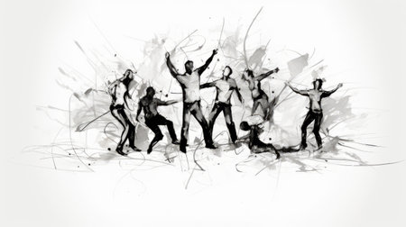a group of dancers depicted in a black and white action painting style. the drawing showcases realistic silhouettes with drippy paint splatters, emphasizing the joints and connections between the twisted characters. this online sculpture is available under a creative commons attribution license. ai generatedの素材