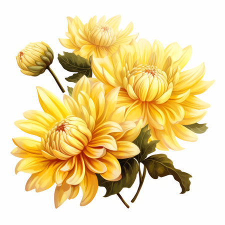 three yellow dahlia flowers arranged on a desk, featuring highly detailed character illustrations in the traditional chinese style. the painted illustrations showcase intricate flower patterns with a combination of light gold and amber hues. the artwork is characterized by its free brushwork and attention to detail. ai generatedの素材