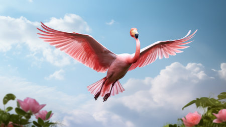 a pink flamingo gracefully soars through the air, surrounded by vibrant pink flowers. this stunning image, created using octane render and daz3d, showcases hyperrealistic rendering techniques. inspired by the work of john wilhelm, the accurate depiction of the bird's features is truly eye-catching. the light crimson hues add an extra touch of beauty to this captivating scene. ai generatedの素材