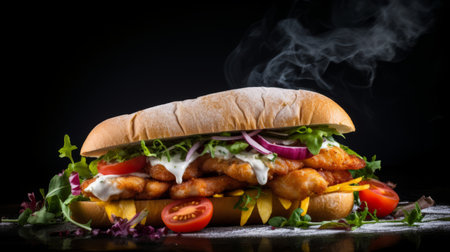 a stunning food photography of a fish sandwich, showcasing award-winning food styling and photography techniques. the image features a magazine-styled composition with a dark backdrop and italian food styling. shot on a 25mm lens, the photo exhibits a beautiful depth of field with tilt blur effect. the use of various lighting techniques, including half rear lighting and backlight, creates a dramatic and elegant ambiance. theの素材