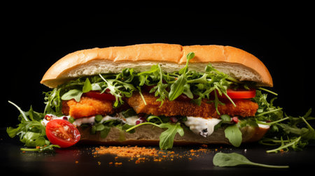 a stunning food photography of a fish sandwich with award-winning food styling and photography techniques. the image showcases a magazine-styled presentation with a dark backdrop and italian food styling. shot on a 25mm lens, the photo features a depth of field effect and tilt blur, creating a visually captivating composition. the lighting techniques used, such as half rear lighting and backlight, add a dramatic andの素材