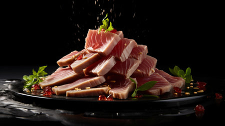 a stunning food photography of tuna showcasing award-winning food styling and photography techniques. the image features a magazine-styled composition with a dark backdrop and italian food styling. shot on a 25mm lens, the photo exhibits a beautiful depth of field and tilt blur effect. the lighting is expertly executed with half rear lighting, backlight, and dramatic lighting, creating a captivating and elegant ambiance. the imageの素材