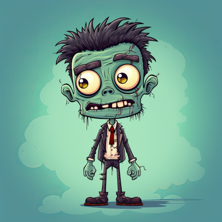 the zombie, portrayed in a playful caricature style, is dressed in a suit and tie. the detailed character design by grzegorz domaradzki features subdued colors, with a light sky-blue and dark green palette. against a hellish background, the cute cartoonish designs add a unique touch to this intriguing image. ai generatedの素材