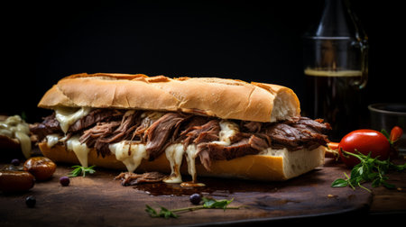 a stunning food photography of a french dip sandwich, beautifully styled and captured with an award-winning touch. the image showcases the sandwich against a dark backdrop, with italian food styling elements. shot on a 25mm lens, the photo exhibits a depth of field and tilt blur effect, creating a visually captivating composition. the lighting techniques used, including half rear lighting and backlight, add a dramaticの素材
