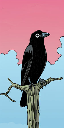 a black crow, reminiscent of graphic novel illustrations by jim woodring, is perched on a tree branch against a vibrant blue sky. this digital illustration captures the essence of realistic animal portraits, similar to the works of dave coverly and matt bors, with its hyper-detailed depiction. ai generatedの素材