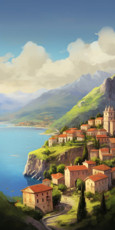 verena, a detailed sketch with small houses on top, showcases a speedpainting style. the sketch features detailed marine views, renaissance-inspired elements, and a realistic color palette. the mountainous vistas and lush scenery create a havencore atmosphere. ai generatedの素材