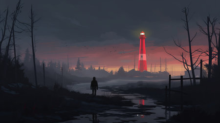 the lost lighthouse wallpaper is a stunning 8k resolution illustration by an artist. it showcases a cyberpunk realism style with a color palette of light red and dark gray. the artwork depicts rural landscapes with a pensive stillness, merging elements of supernatural realism. ai generatedの素材
