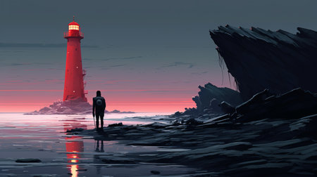 a person walking near the coast is depicted in this reimagined illustration by industrial light and magic. the image showcases a captivating blend of dark red and light cyan tones, creating a visually striking composition. with its uhd resolution, the fictional landscapes come to life, resembling monumental ink paintings. the charming character illustrations add an extra touch of allure to this captivating, albeit low-resolution, artwork.の素材