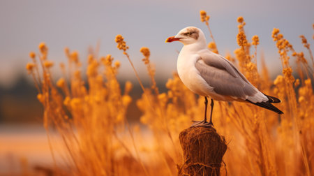 a bird perched on a dry wooden stick, showcasing warm colors reminiscent of dutch marine scenes. the golden light illuminates the scene, highlighting the light white and light red tones. the bold chromaticity adds vibrancy, while the naturalistic poses of the bird create a captivating composition. ai generatedの素材
