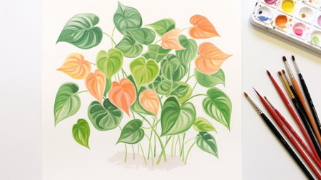 a leafy plant drawing sits on a table surrounded by paints in light pink, light orange, dark orange, and light green. the artwork, created by lilia alvarado and pierre-mony chan, showcases a unique style known as snailcore, characterized by flat areas of color inspired by traditional vietnamese art. ai generatedの素材