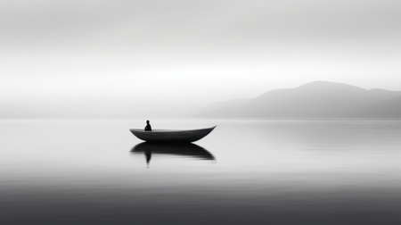 a person fishing by a boat on water, captured in an ethereal minimalistic style. this black and white image, influenced by zen buddhism and oriental minimalism, showcases the moody colors and non-representational art. created by philip mckay, the photograph is presented in stunning 8k resolution. ai generatedの素材