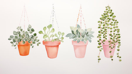 colorful illustration of hanging potted plants with leaves, resembling realistic watercolor paintings. the light pink and light orange hues add vibrancy to the artwork. this process art showcases dotted patterns and ultrafine details, making it perfect for large-scale murals. the zen minimalism of the composition creates a calming and serene atmosphere. ai generatedの素材