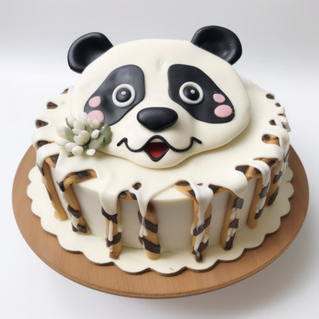 a panda bear face cake is showcased, featuring a light beige and beige color scheme. the design includes splattered and dripped elements, with smooth lines. the cake is ready-made and placed against a white background, adorned with multiple patterns in a swiss style. ai generatedの素材
