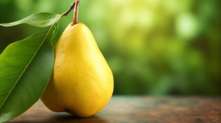 two pears hanging on green leaves, showcasing a blend of yellow and gold hues. the sparse background creates a bokeh panorama, merging natural and man-made elements. this captivating image was created using zbrush and features extravagant table settings. creative commons attribution. ai generatedの素材