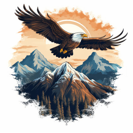 a bald eagle soars majestically through the sky, framed by the breathtaking backdrop of towering mountains. this stunning image is captured on a t-shirt, featuring stylistic nature scenes and detailed character illustrations. the artwork showcases the beauty of mural painting, enhanced by rim light and realistic color schemes. this high-angle perspective highlights the iconic status of the american bald eagle. ai generatedの素材