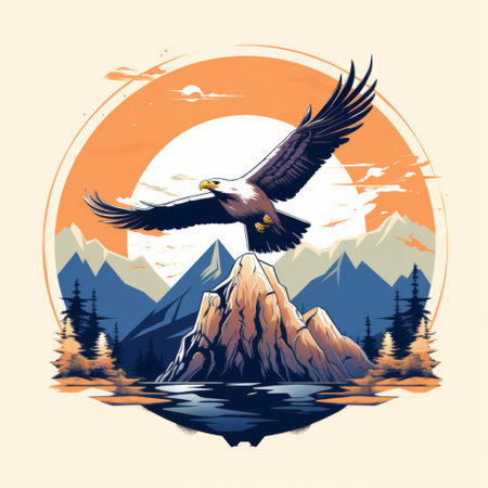 eagle soaring above majestic mountains and a serene lake, depicted in a bold graphic illustration style. the artwork features vibrant earth tone colors, including light beige and navy, creating a harmonious and captivating scene. the detailed character illustrations of the eagle and the balanced proportions add depth and realism to the overall composition. a perfect representation of the cabincore aesthetic. ai generatedの素材