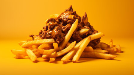 a pile of french fries, arranged in a messy and hyper-realistic style reminiscent of unreal engine 5. the fries are a combination of yellow and brown, creating a visually appealing contrast. the overall aesthetic is infused with elements of masculinity and chinapunk, giving it a unique and intriguing vibe. ai generatedの素材