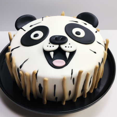 1st birthday panda cake with a unique artistic touch inspired by the style of rashad alakbarov. the cake features the sabattier effect, giving it a mesmerizing and dynamic appearance. created by the talented temmie chang, the expressive facial animation of the panda adds a playful charm. the cake is adorned with characterized animals, showcasing kazimierz dabrowski's artistic influence, and finished with jagged edges for aの素材