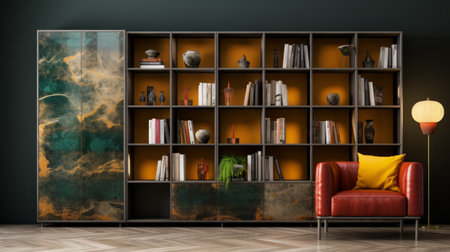 the bookcase features a sectional with cushions in the style of striated resin veins, capturing suburban ennui. the colors of the cushions are dark red and dark green, creating a contrasting effect. the photo is taken with high-speed sync, showcasing the rough edges of the bookcase. this ultra-high-resolution, ultra-hd picture offers incredible detail and a realistic representation. ai generatedの素材