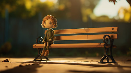 an anime girl, rendered in cinema4d, sits on a wooden bench with a hand on her shoulder. the charming character is surrounded by urban landscapes, featuring light brown and green tones. inky shadows add depth to the scene, while adorable toy sculptures enhance the overall charm. this cinematic still captures the beauty of the anime world. ai generatedの素材