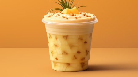 a pineapple with yogurt shake is showcased on a vibrant orange background. the image features a multilayered dimension, with hyperrealistic rendering that brings out hidden details. the precisionist style of the artwork adds to its realistic and detailed rendering. the overall aesthetic has elements of icepunk, creating a visually captivating composition. ai generatedの素材